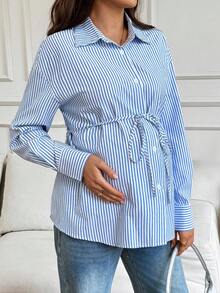 SHEIN 孕妇休闲条纹印花纽扣腰衬衫 - 藍白色 - 查看 4