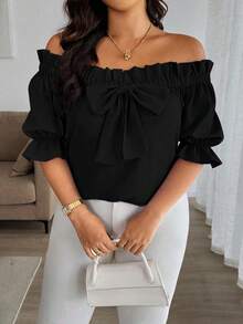 Easura 大码女式可变换露肩衬衫，优雅上班，蝴蝶结装饰，露肩上衣 - 黑色 - 查看 5