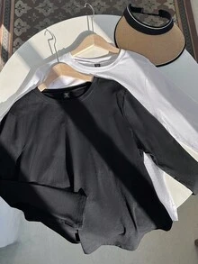 SHEIN EZwear Camiseta de manga larga de cuello redondo de diseño minimalista de unicolor, versátil, talla grande - Blanco y Negro - Ver 6