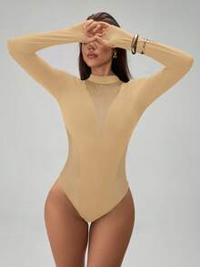 Chiquease Women's Fashion Sheer Mesh Patchwork Long Sleeve Bodysuits Fall Cloth For Women - Khaki - View 6