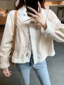 SHEIN Teen Girls Winter Jacket, Girl Loose Zip-Up Lined Casual Jacket, Autumn/Winter Streetwear - Beige - View 6