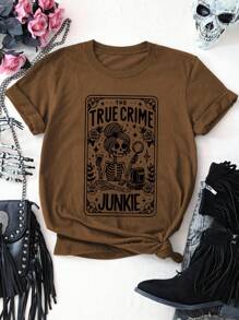 EMERY ROSE 骷髅女孩标语圆领短袖时尚大码女式T恤 - 咖啡棕 - 查看 3