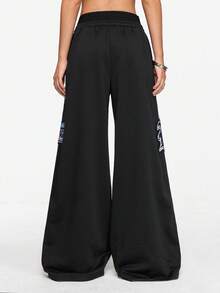 ROMWE Street Life Casual Street Style Double Waistband Low Waist Loose Hiphop Wide Leg Women Pants - Black - View 3