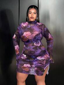 Slaydiva Vestido ajustado de talla grande con estampado floral verde, de manga acampanada y tejido elástico de malla sexy básico - Morado Violeta - Ver 2