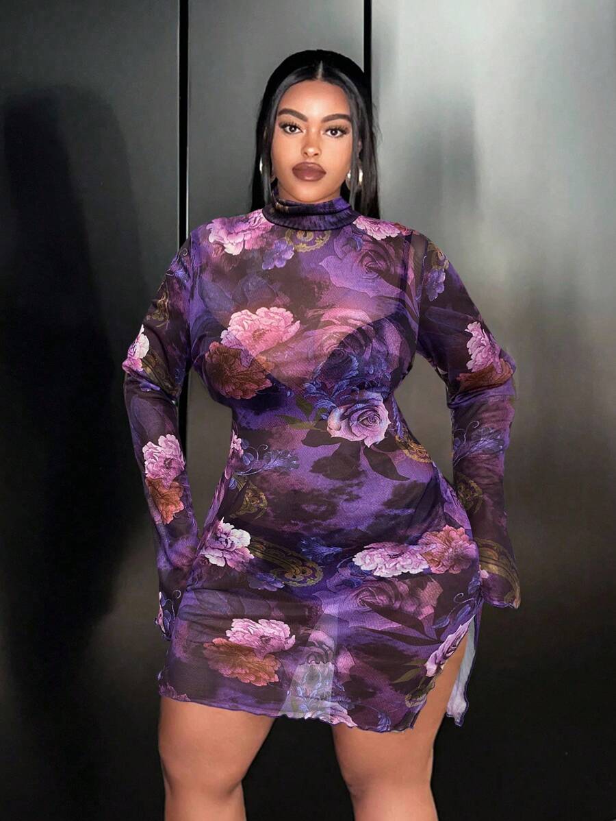 Slaydiva Vestido ajustado de talla grande con estampado floral verde, de manga acampanada y tejido elástico de malla sexy básico