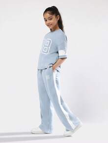 SUMWON Conjunto feminino de duas peças oversized com estampa de números, composto por moletom e calça pantalona. Ideal para o outono e inverno. - Baby Azul - Ver 1