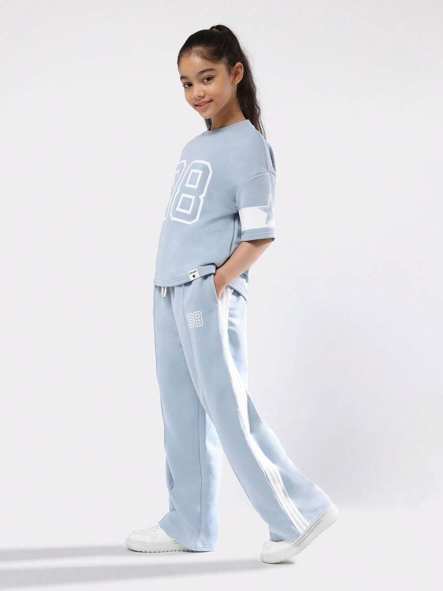 SUMWON Conjunto feminino de duas peças oversized com estampa de números, composto por moletom e calça pantalona. Ideal para o outono e inverno. - Baby Azul - Ver 1