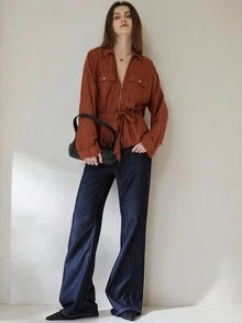 Aveloria Modichic Áo sơ mi nữ dài tay cổ điển đa năng, cổ chữ V, cổ bẻ màu cam-nâu, khóa kéo phía trước, thiết kế eo thắt chặt - màu nâu - Xem 6