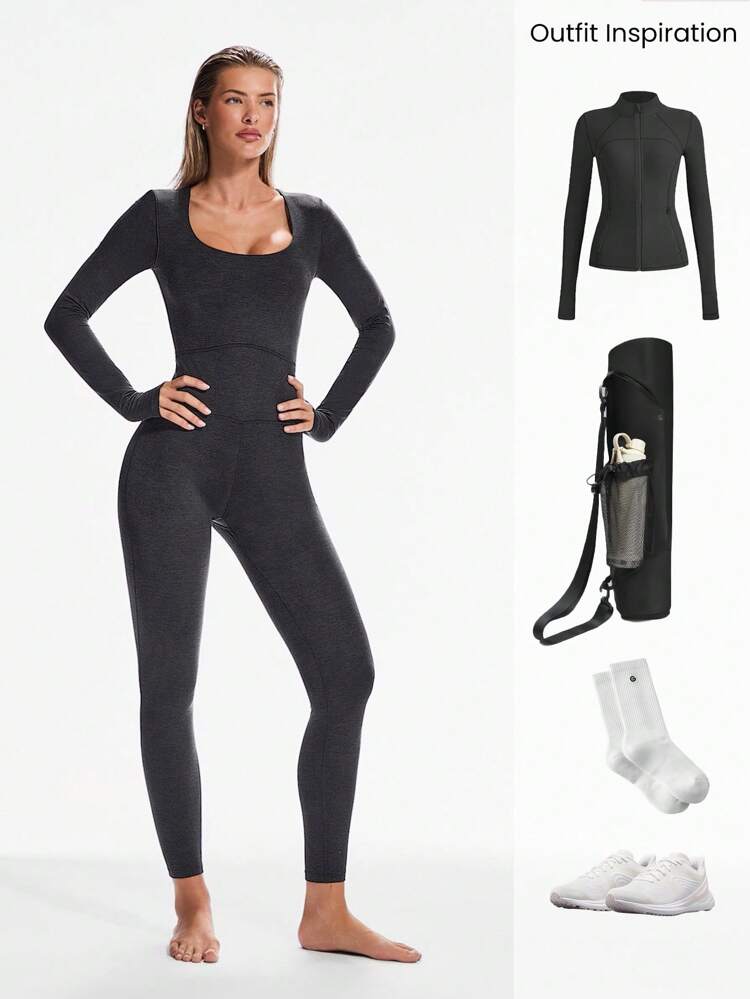 24インチ ソフティー ベルベア腹部コントロール サムホール付き スクープネック ロングスリーブ ジャンプスーツ ボディスーツ ヨガ ピラティス スタジオ デイリーカジュアルウェア 取り外し可能なカップ