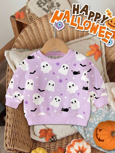 SHEIN Baby Girl Casual Cute Cartoon Halloween Ghost Print Purple Crew Neck Sweatshirt, Autumn/Winter, For Halloween Party Fall