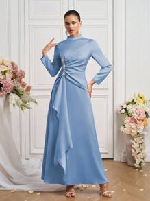 Coutiva Đầm dài tay cổ đứng thanh lịch thời trang mới - Màu xanh nhạt - Xem 3