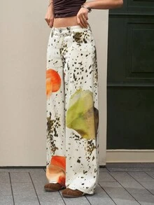 SHEIN EZwear 女士休闲印花低腰直筒牛仔裤，适合音乐节 - 卡其色 - 查看 4