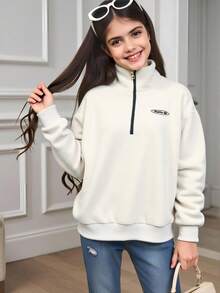 Tween Girl Thermal Lined Half Zip Sweatshirt - Apricot - View 9