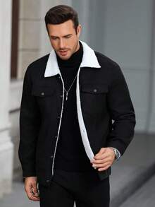 Manfinity Homme 男士长袖翻领装饰纽扣保暖休闲羊羔绒保暖内衬夹克，冬季灯芯绒黑色秋季夹克 - 黑與白 - 查看 5
