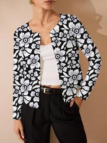 Shutterstock Glamance Jaket Kasual Motif Bunga Terbuka Depan untuk Wanita, Cocok untuk Musim Gugur - MultiWarna - View 1