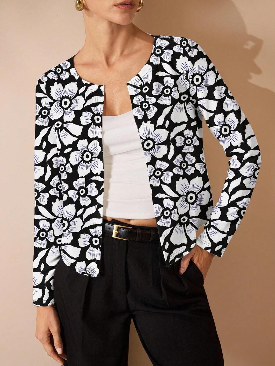 Shutterstock Glamance Jaket Kasual Motif Bunga Terbuka Depan untuk Wanita, Cocok untuk Musim Gugur - MultiWarna - View 1