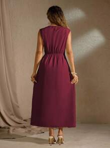 Roveilla 大码女式优雅休闲无袖长裙，带金属装饰，腰部收紧，侧开衩，适合通勤、度假、下午茶、派对婚礼宾客礼服 女式酒红色中长裙 栗色连衣裙 女士连衣裙 女士优雅连衣裙 勃艮第酒红色中长裙 女士连衣裙 优雅中长裙 - 中紫紅色 - 查看 2