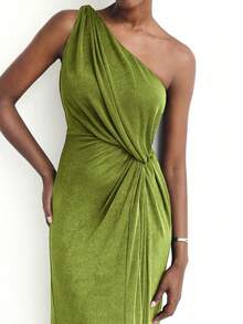 Maija Casual Solid Color Asymmetric Twist Ruched Fitted Maxi Dress, Suitable For Beach, Resort, Music Festival, Wedding Guest, Brunch, Boho Style, Women's Birthday Outfit, Elegant Autumn Dress