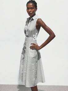 Maija 2025秋冬条纹单排扣收腰碎花镂空口袋休闲无袖衬衫裙，现代优雅都市浪漫端庄简约复古风格，适合婚礼嘉宾、生日、万圣节、商务休闲、办公室、约会、派对、圣诞节、新年 - 黑色 - 查看 6