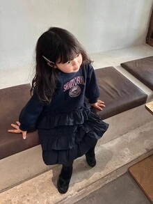 DAZY Infant/Toddler Girls' Ruffle Hem Korean Cartoon Letter Casual Dress - Navy Blue - View 3