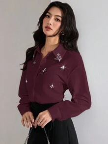 Heiryn Women's Elegant Commuter Rhinestone Decorated Blouse,Red Top - Burgundy - View 6
