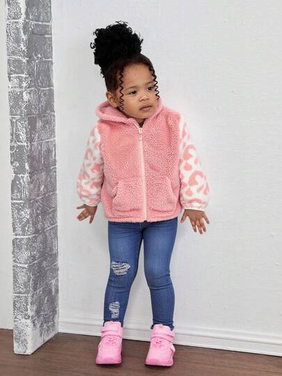 Baby Girl Cute Leopard Print Fuzzy Hooded Sweatshirt, Suitable For Birthday Party, Christening, 1st Birthday Celebration, Evening Party, Performance, Wedding And Back To School Clothes,In Fall/Winter