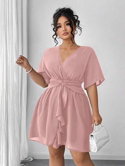 Elenzga 大码性感交叉系带迷你裙荷叶边下摆雪纺连衣裙，夏季新款深 V 领荷叶边袖纯色腰部收腰连衣裙法式扭结修身短袖连衣裙黑色连衣裙小黑裙