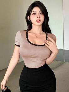 DAZY Women's Slim Fit Lace Trim Color Block T-Shirt Going Out Tops - Khaki - View 6