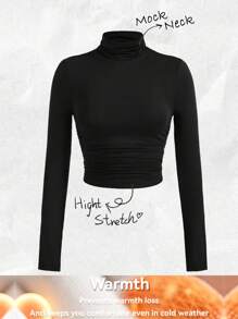 SHEIN EZwear 大码女式纯色立领长袖修身T恤，秋冬 - 黑色 - 查看 1