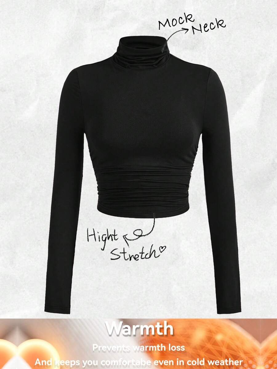 SHEIN EZwear 大码女式纯色立领长袖修身T恤，秋冬 - 黑色 - 查看 1