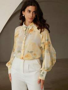 GENKIRA 复古奶油黄浪漫玫瑰花卉随机水彩印花荷叶边宽松蝙蝠袖衬衫 - 黃色 - 查看 6