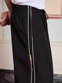 SWAVVY Men's Side Stripe Drawstring Waist Wide Leg Woven Long Pants, For Fall - Black - View 3