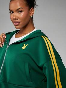 Missguided x Playboy 绿色拉链连帽卫衣，饰以黄色赛车条纹，长袖休闲街头风运动外套，秋冬季运动服 - 綠色 - 查看 4