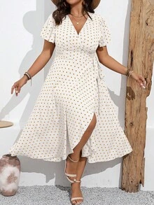 Elenzga 大码裹身荷叶边下摆波点短袖连衣裙 - 卡其色 - 查看 6