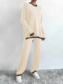 SHEIN LUNE 女士休闲撞色针织毛衣和裤子两件套，秋冬 - 彩色 - 查看 3
