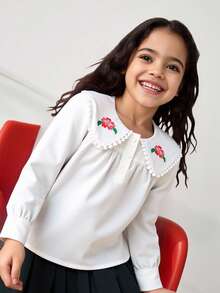 Maija Kids Maija Kids 年轻女孩花卉刺绣彼得潘领长袖衬衫上衣，休闲日常和校服 - 杏色 - 查看 3