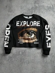 Manfinity EMRG 男士街头风流行INS涂鸦眼睛图案印花男友/老公礼物、周年纪念礼物，黑色套头卫衣，秋冬款