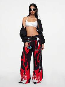 ROMWE Street Life 女款街头风格赛车赛博朋克荆棘火焰徽章降落伞裤 - 黑色 - 查看 8