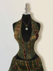 SHEIN ICON 女士扎染两件套，嬉皮风格扎染低胸超迷你裙，两件超低腰套装 - 軍綠色 - 查看 4