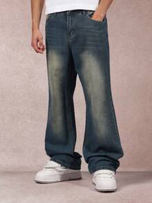 SUMWON Wide Leg Vintage Wash Jeans Flared Bell Bottom Denim Pants Retro Y2K Fashion Skater Style Streetwear Relaxed Fit Classic 5 Pocket Design Fall Winter Plain - Blue - View 1