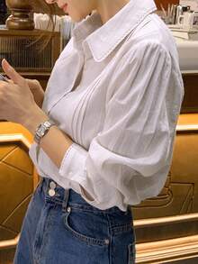 DAZY 纯色纽扣前衬衫，长袖上衣秋季 - 白色 - 查看 7