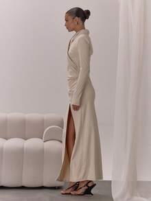 MUSERA 交叉领口褶皱裹身开衩长裙，优雅性感，适合夜晚外出、婚礼宾客、度假、秋季叠穿派对、感恩节、时尚新娘、单身派对、告别单身派对等场合。 - 卡其色 - 查看 3