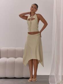 MUSERA 低腰不对称下摆翻边中长裙，优雅性感，适合夜晚外出、度假、秋季叠穿、派对、夏季等场合。 - 杏色 - 查看 5