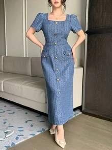 DAZY Casual Washed Floral Print Square Neck Puff Sleeve Women Denim Dress, Summer