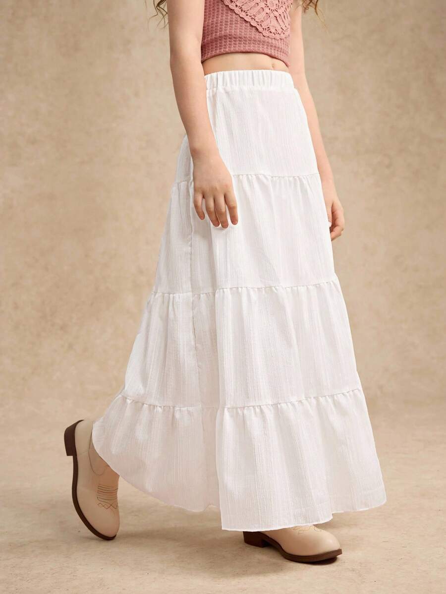 Elegant Choice For Girls: White Pleated Woven Skirt, Unique Texture, Delicate Details, Flowing Ruffles, Showcasing Sweet Elegant, Perfect For Outings Fall Winter - White - View 1