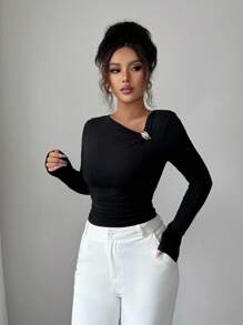 Elenzga Áo thun nữ cổ tròn trơn màu thời trang đi làm có họa tiết kim loại - màu đen - Xem 3