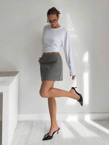 Siren Gaze 灰色高腰羊毛混纺A字中长裙，秋冬 - 灰色 - 查看 4