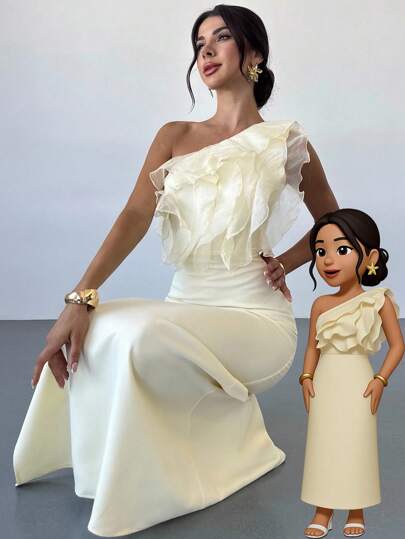 Firerie Women's Elegant Romantic Cream Yellow Ruffled One-Shoulder Waist Cinched Slit Hem Dress, Suitable For Dates, Vacations, Graduations, Wedding Guest Attire, Summer Outfits, Tea Parties, Beach,Prom Dress