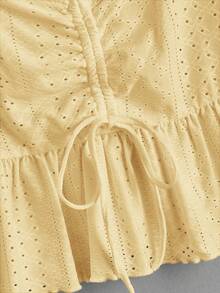 Soleia Blusa de manga mariposa ribete en forma de lechuga con cordón peplum schiffy