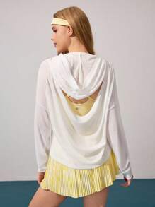 CourtClass Women's Lightweight Textured Fabric Backless Hooded Long Sleeve Casual Sports T-Shirt For Tennis, Golf, Daily Wear - White - View 2